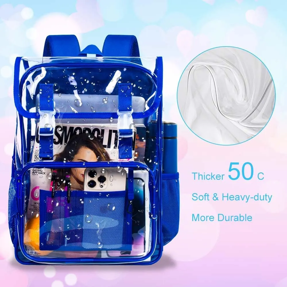 3PCS Clear Backpack, Heavy Duty See Through PVC School Bookbag with Lunch Box, Large Stadium Approved Transparent Backpacks for Boys Men - Blue