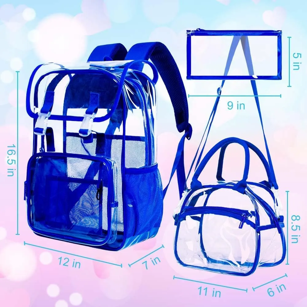 3PCS Clear Backpack, Heavy Duty See Through PVC School Bookbag with Lunch Box, Large Stadium Approved Transparent Backpacks for Boys Men - Blue