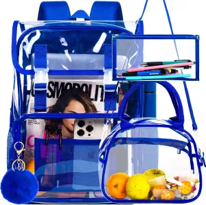 3PCS Clear Backpack, Heavy Duty See Through PVC School Bookbag with Lunch Box, Large Stadium Approved Transparent Backpacks for Boys Men - Blue