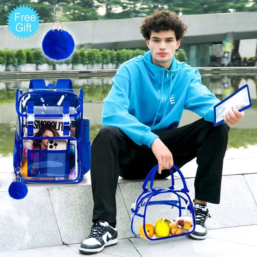 3PCS Clear Backpack, Heavy Duty See Through PVC School Bookbag with Lunch Box, Large Stadium Approved Transparent Backpacks for Boys Men - Blue