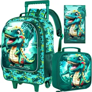 3PCS Rolling Backpack for Girls Boys, Kids Roller Wheeled Bookbag with Lunch Box, Backpacks with Wheels for Elementary