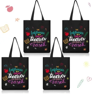 4 Pcs Black Canvas Teacher Bag with Inner Pocket Teacher Appreciation Gifts Best Gifts Inspirational Quote Tote Bag for Lady Thank You School Tote for Graduation