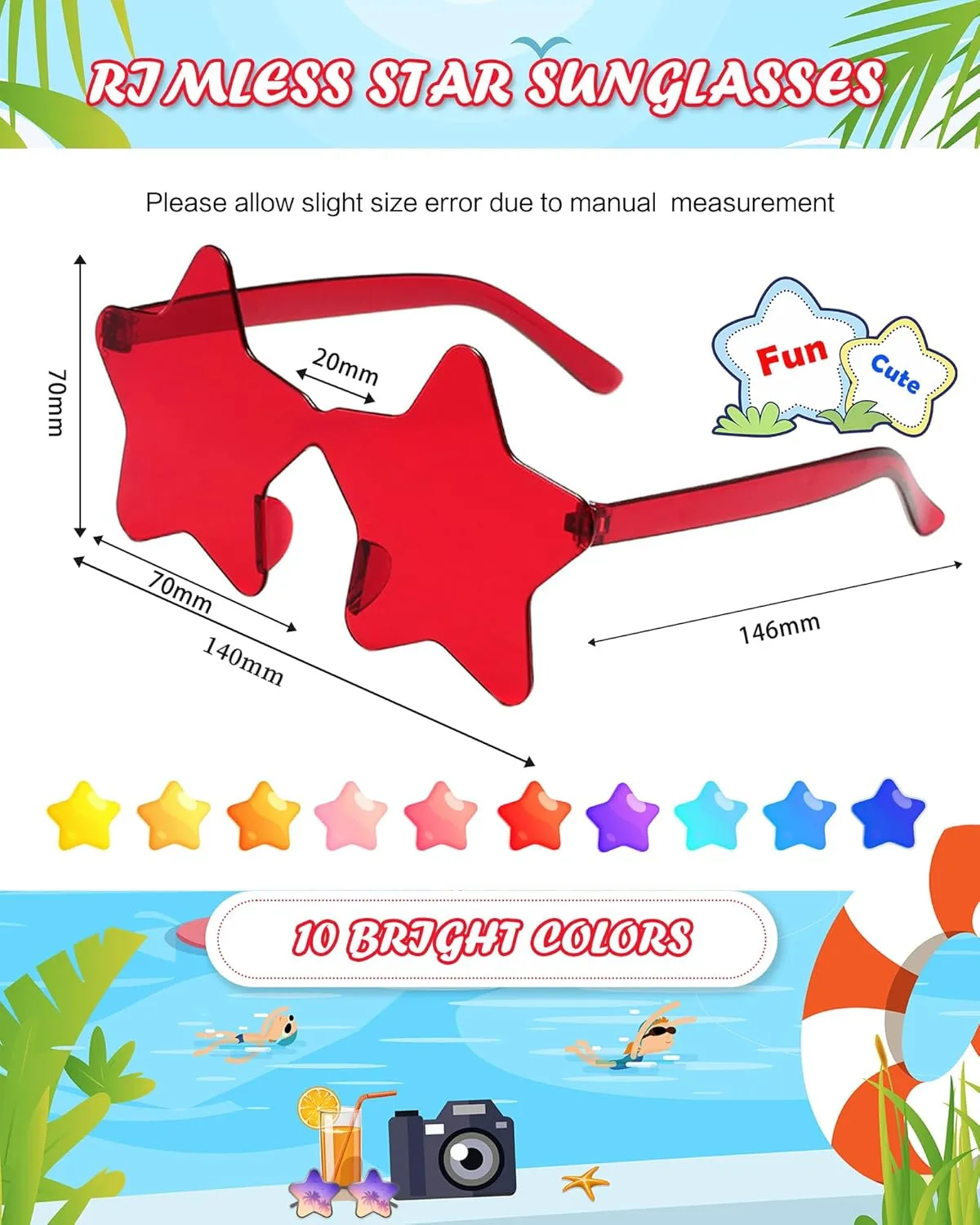 40 Pairs Rimless Star Sunglasses Bulk Wholesale Transparent Candy Color Star Glasses for Women Men Party Favors