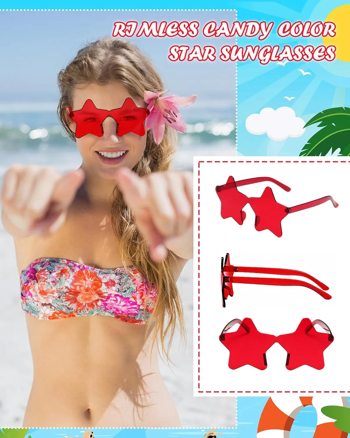 40 Pairs Rimless Star Sunglasses Bulk Wholesale Transparent Candy Color Star Glasses for Women Men Party Favors