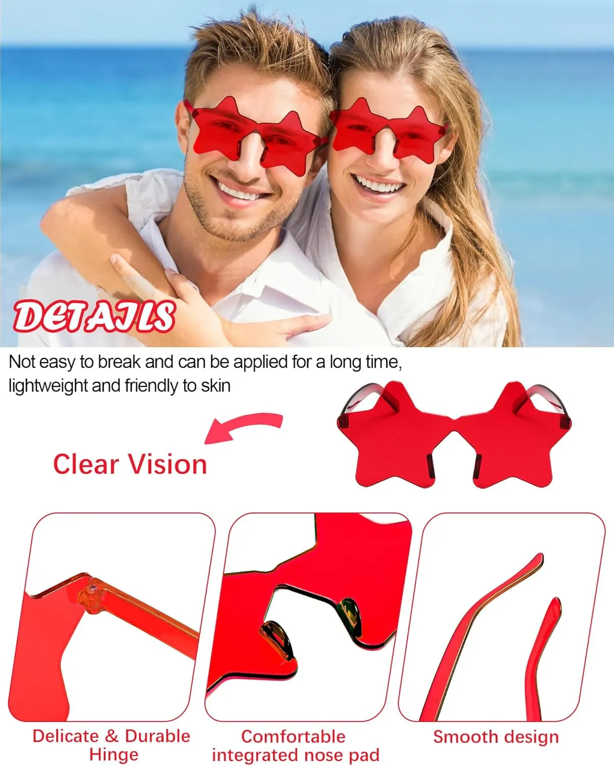 40 Pairs Rimless Star Sunglasses Bulk Wholesale Transparent Candy Color Star Glasses for Women Men Party Favors