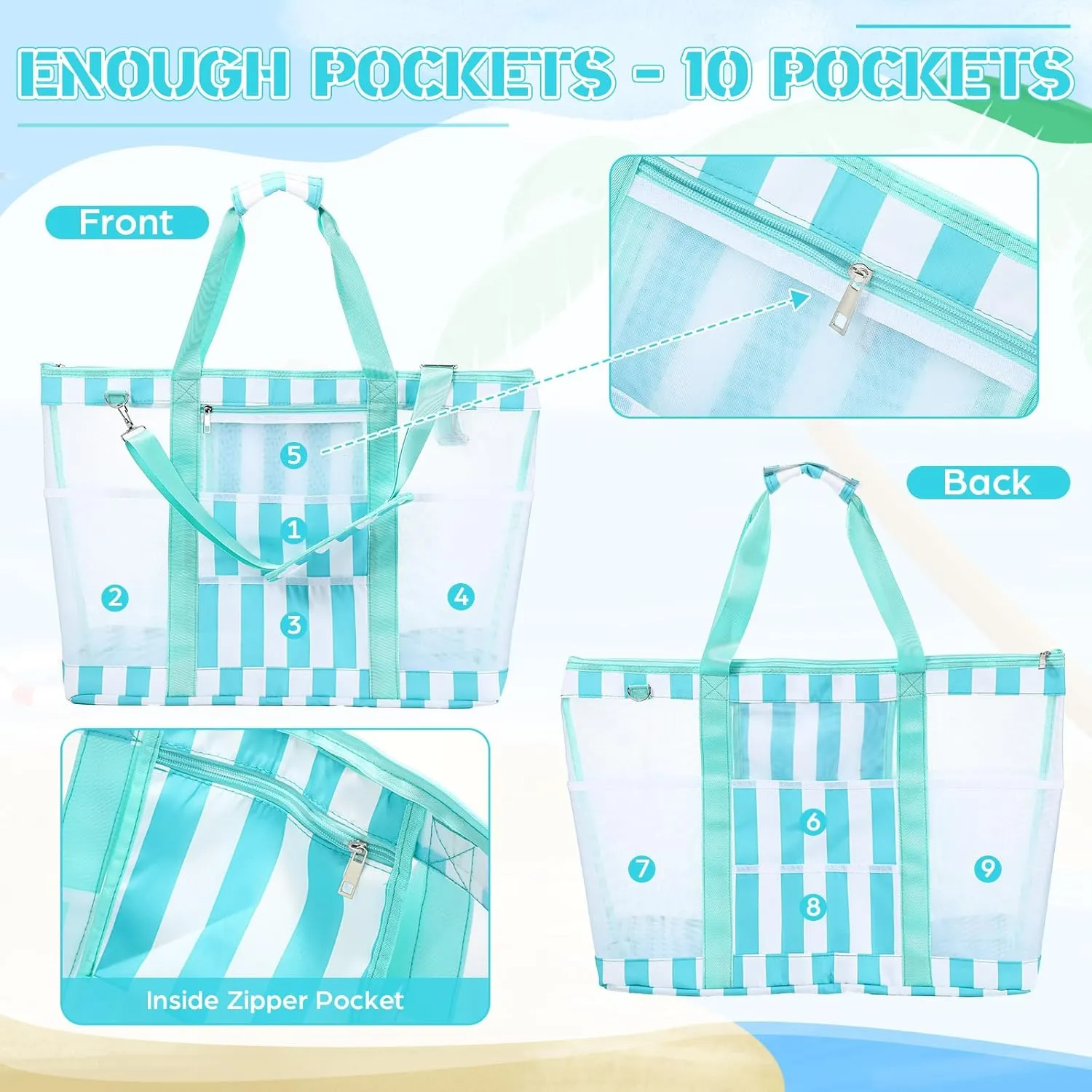 42L Extra Large Mesh Beach Bag 10 Pockets Pool Tote with Zipper XL Beach Bag with Handles and Shoulder Straps