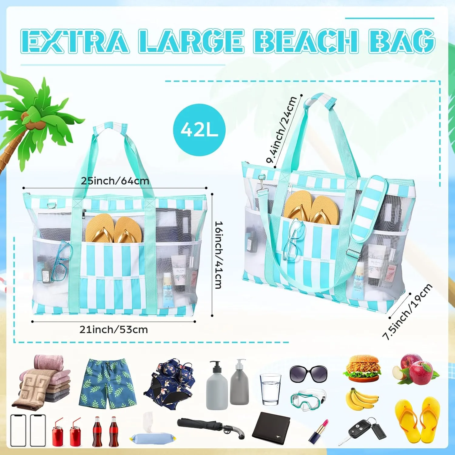 42L Extra Large Mesh Beach Bag 10 Pockets Pool Tote with Zipper XL Beach Bag with Handles and Shoulder Straps