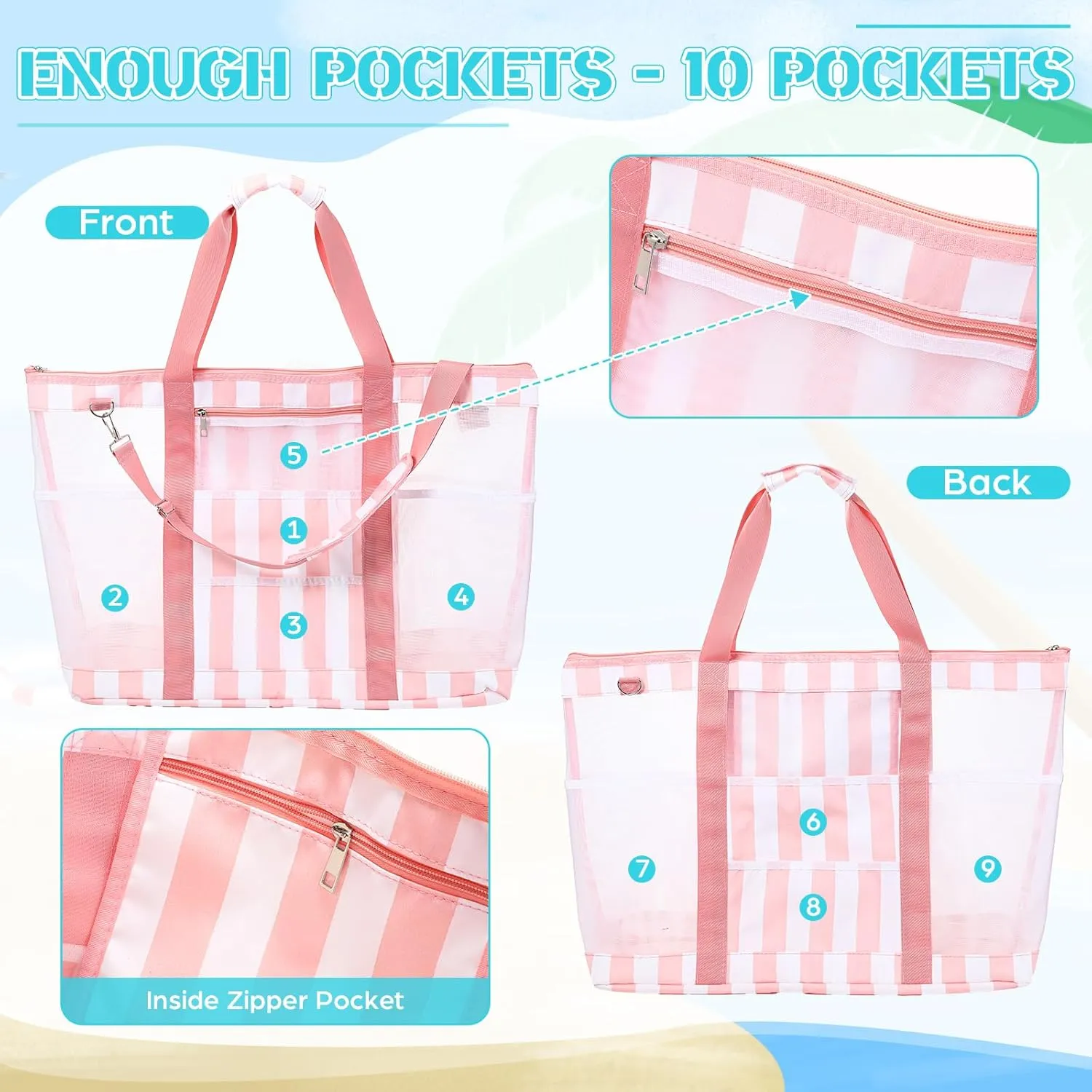 42L Extra Large Mesh Beach Bag 10 Pockets Pool Tote with Zipper XL Beach Bag with Handles and Shoulder Straps