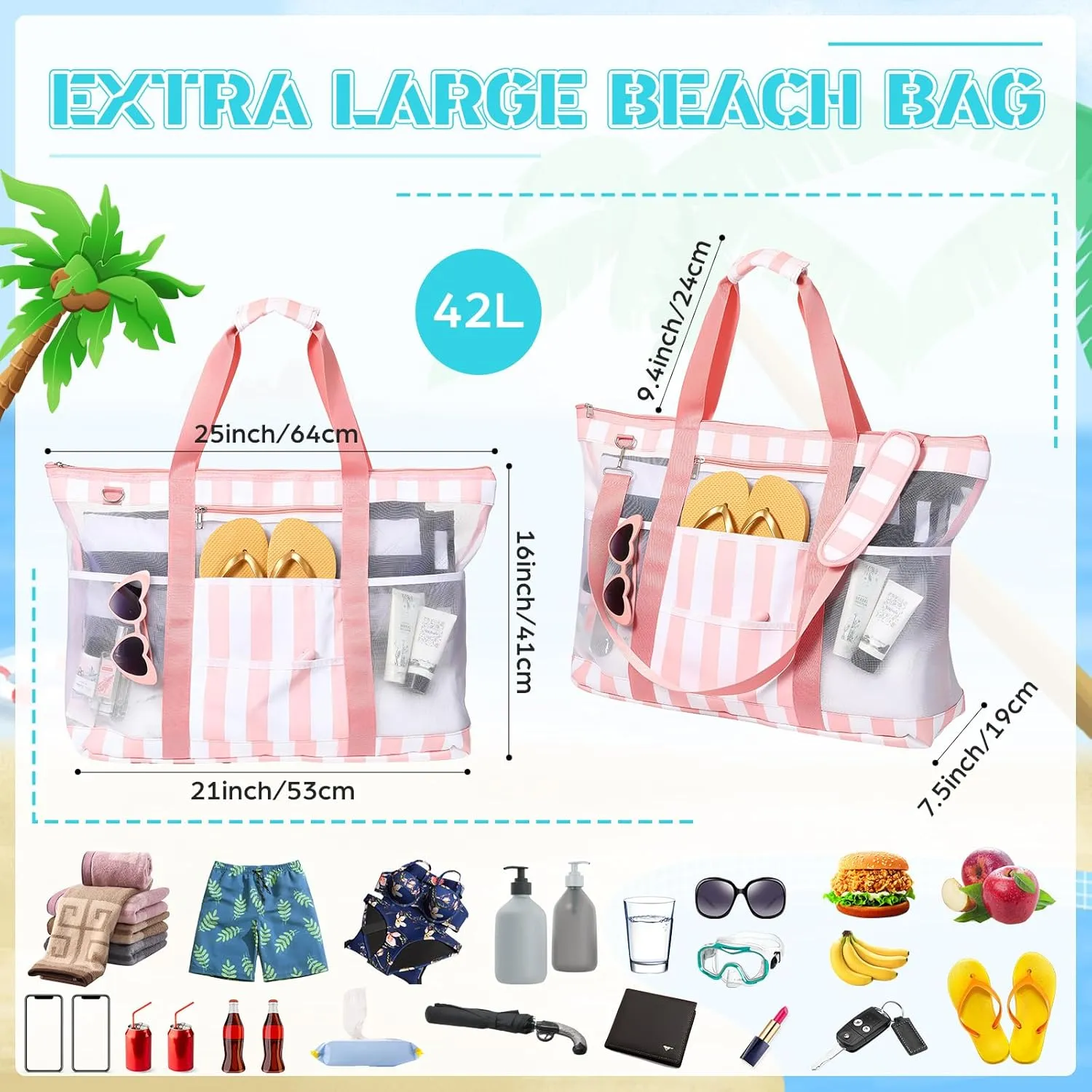 42L Extra Large Mesh Beach Bag 10 Pockets Pool Tote with Zipper XL Beach Bag with Handles and Shoulder Straps