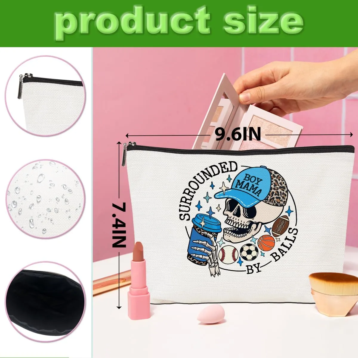4pcs Skull Surrounded by Balls Makeup Bags, Baseball Soccer Basketball Football Cosmetic Bag, Sports, Mama, Skeleton, Travel Toiletry Bag for Women
