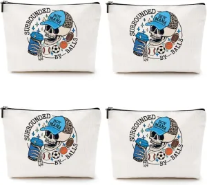 4pcs Skull Surrounded by Balls Makeup Bags, Baseball Soccer Basketball Football Cosmetic Bag, Sports, Mama, Skeleton, Travel Toiletry Bag for Women