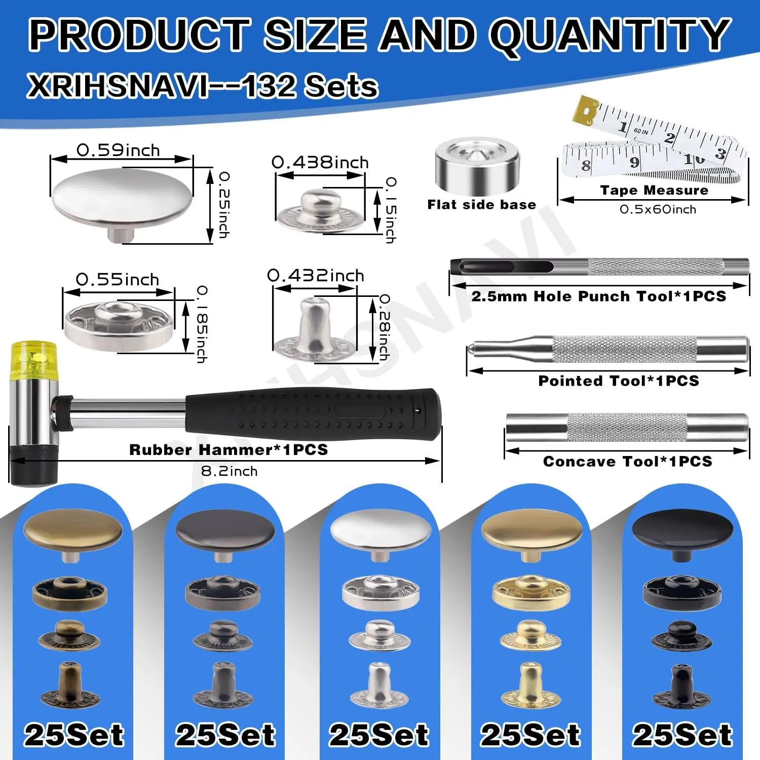507PCS Snap Fasteners Kit, 15mm Leather Snap Fasteners Kit, Sewing Snaps, 304 Stainless Steel Button Snap Press Studs with 6 Setter Tools, 5 Color Leather Snaps for Clothes, Jackets, Bracelets, Bags