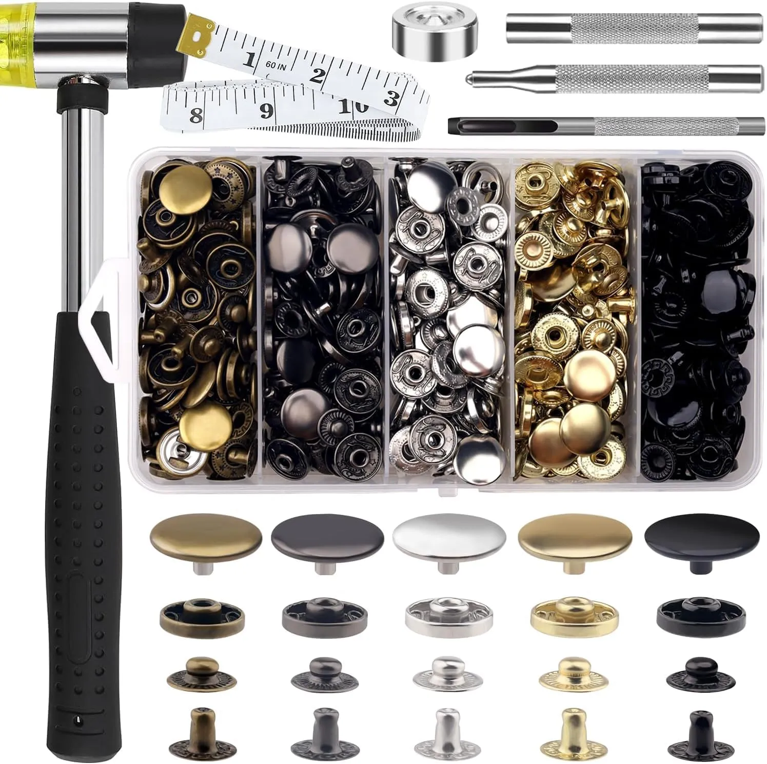 507PCS Snap Fasteners Kit, 15mm Leather Snap Fasteners Kit, Sewing Snaps, 304 Stainless Steel Button Snap Press Studs with 6 Setter Tools, 5 Color Leather Snaps for Clothes, Jackets, Bracelets, Bags