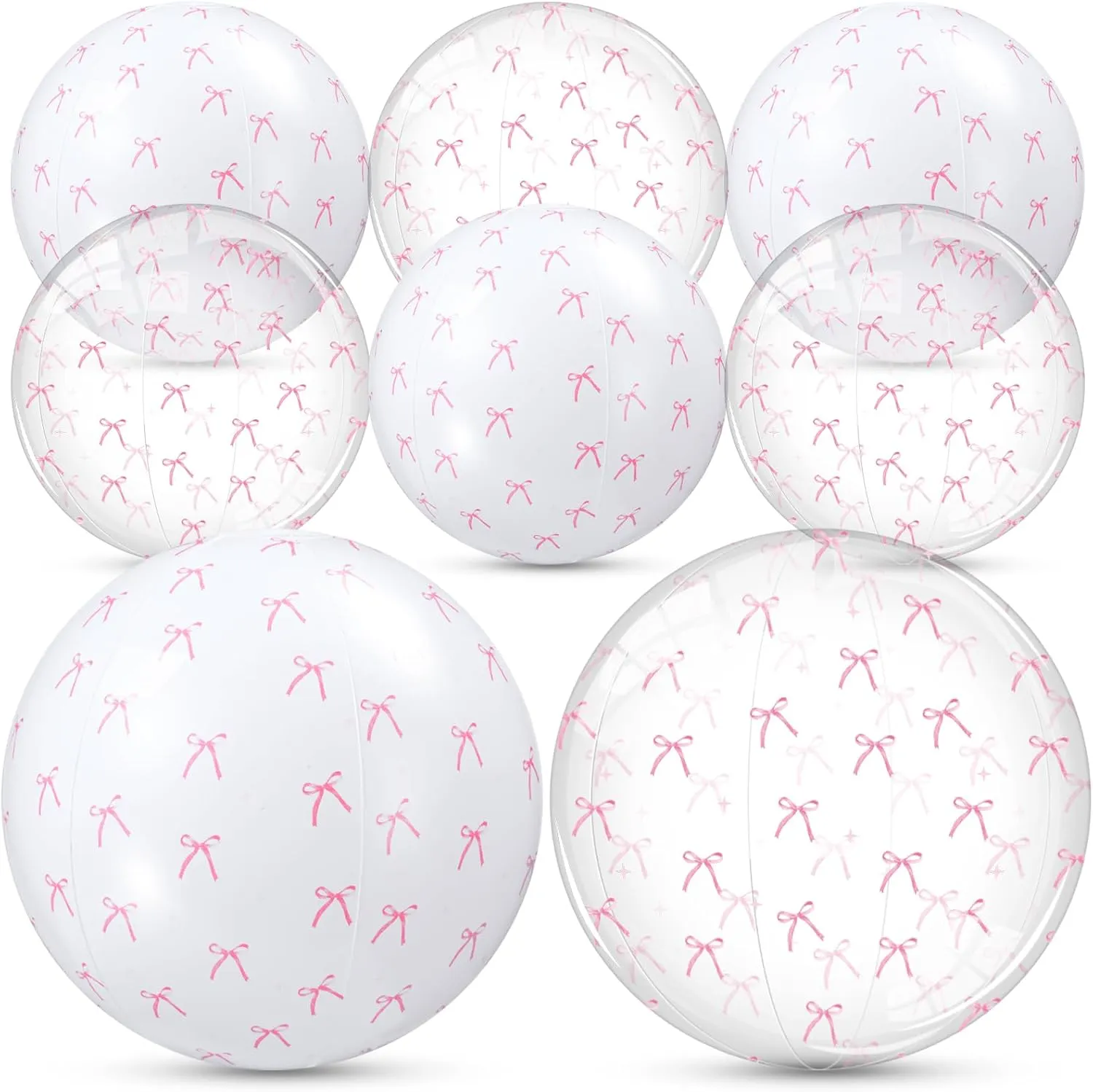 6 Pcs 16'' Pink Bow Beach Ball Bulk Coquette Party Inflatable Ball Blow up White and Transparent Bottom Swimming Pool Toys for Coquette Summer Hawaiian Tropical Party Decorations Favors