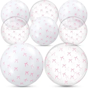6 Pcs 16'' Pink Bow Beach Ball Bulk Coquette Party Inflatable Ball Blow up White and Transparent Bottom Swimming Pool Toys for Coquette Summer Hawaiian Tropical Party Decorations Favors
