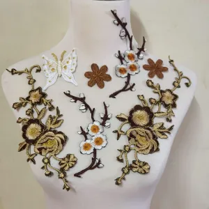 7pcs Big Flower Iron on Embroidered Appliques Patch Embroidered Lace Fabric Ribbon Trim Neckline Collar (Coffee B)