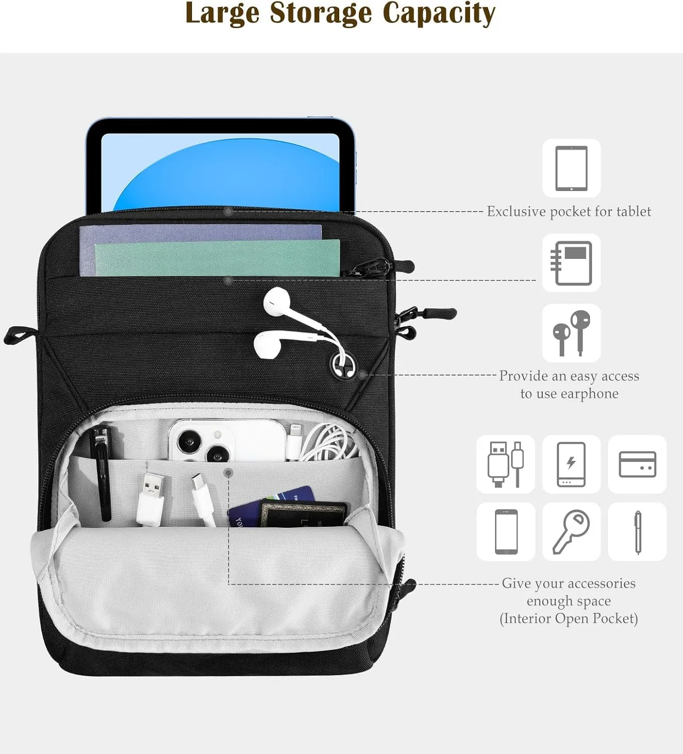9-11 Inch Tablet Sleeve Bag with Shoulder Strap for iPad 10th Gen 10.9" Air 5/4, iPad (A16) 11", i-Pad 9/8/7th Gen 10.2", i-Pad Air/Pro 11", Galaxy Tab A9  Plus 11", reMarkable 2 10.3",Black