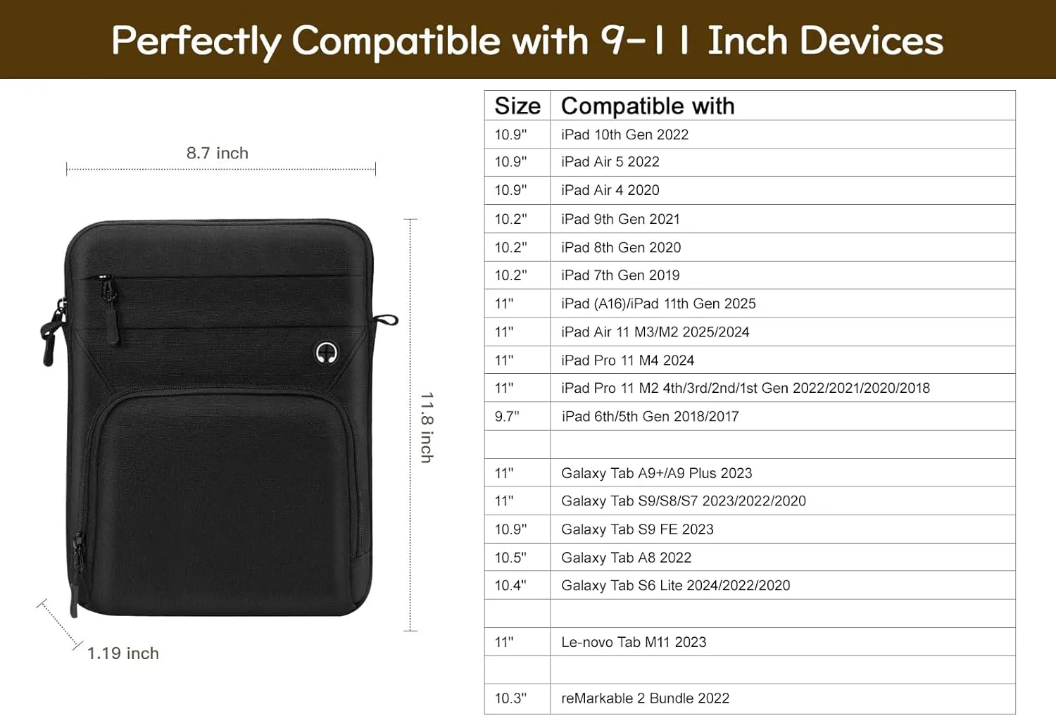 9-11 Inch Tablet Sleeve Bag with Shoulder Strap for iPad 10th Gen 10.9" Air 5/4, iPad (A16) 11", i-Pad 9/8/7th Gen 10.2", i-Pad Air/Pro 11", Galaxy Tab A9  Plus 11", reMarkable 2 10.3",Black