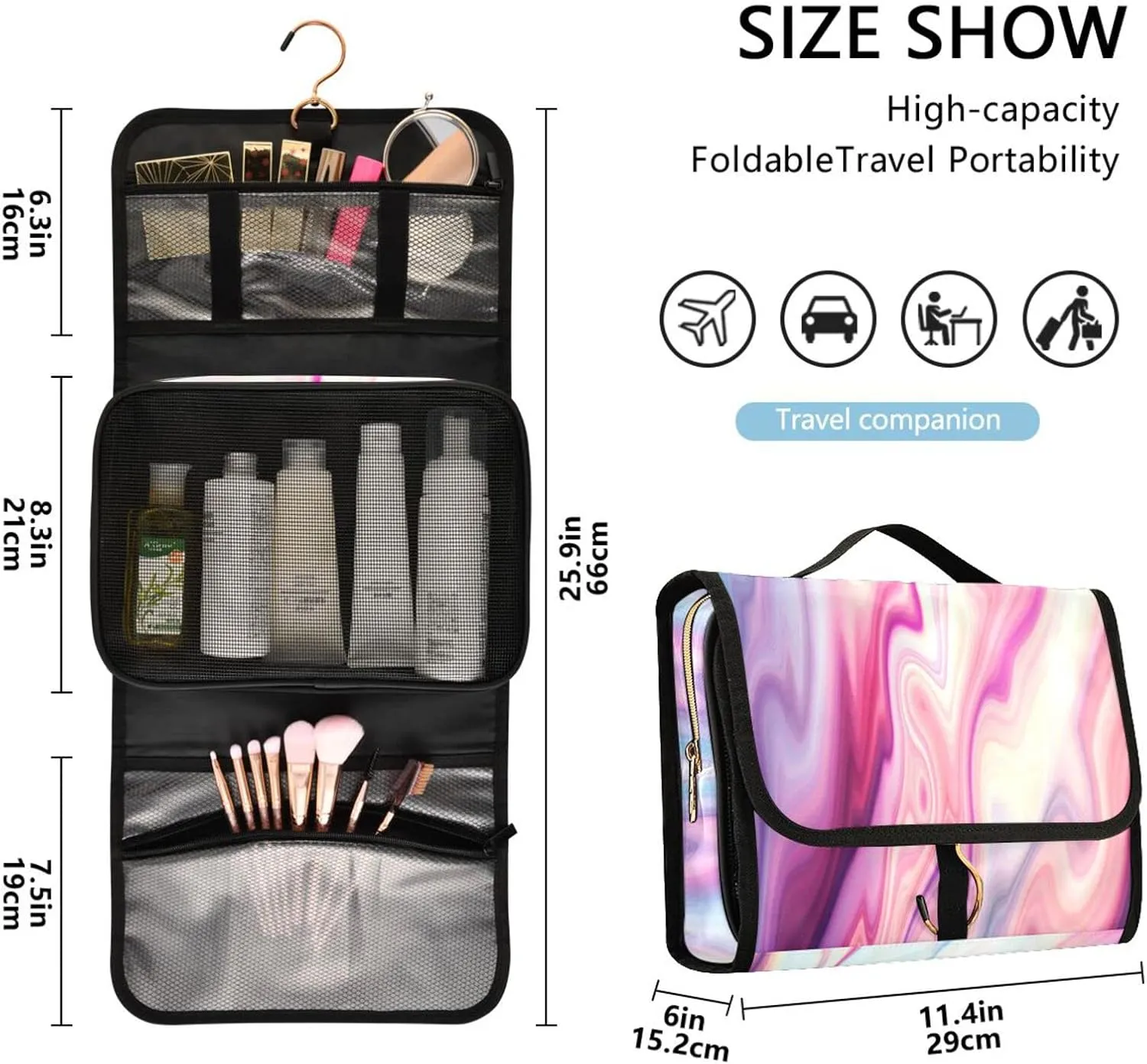 Abstract Liquid Marble Agate Slab Paint Pastel Pink Macro Wavy Lines 3 PCs Set Toiletry bags, 1 Women's Travel Cosmetic Bag, 1 Hanging Toiletry Wash Bag, 1 Brush Case, Portable Makeup Storage Case
