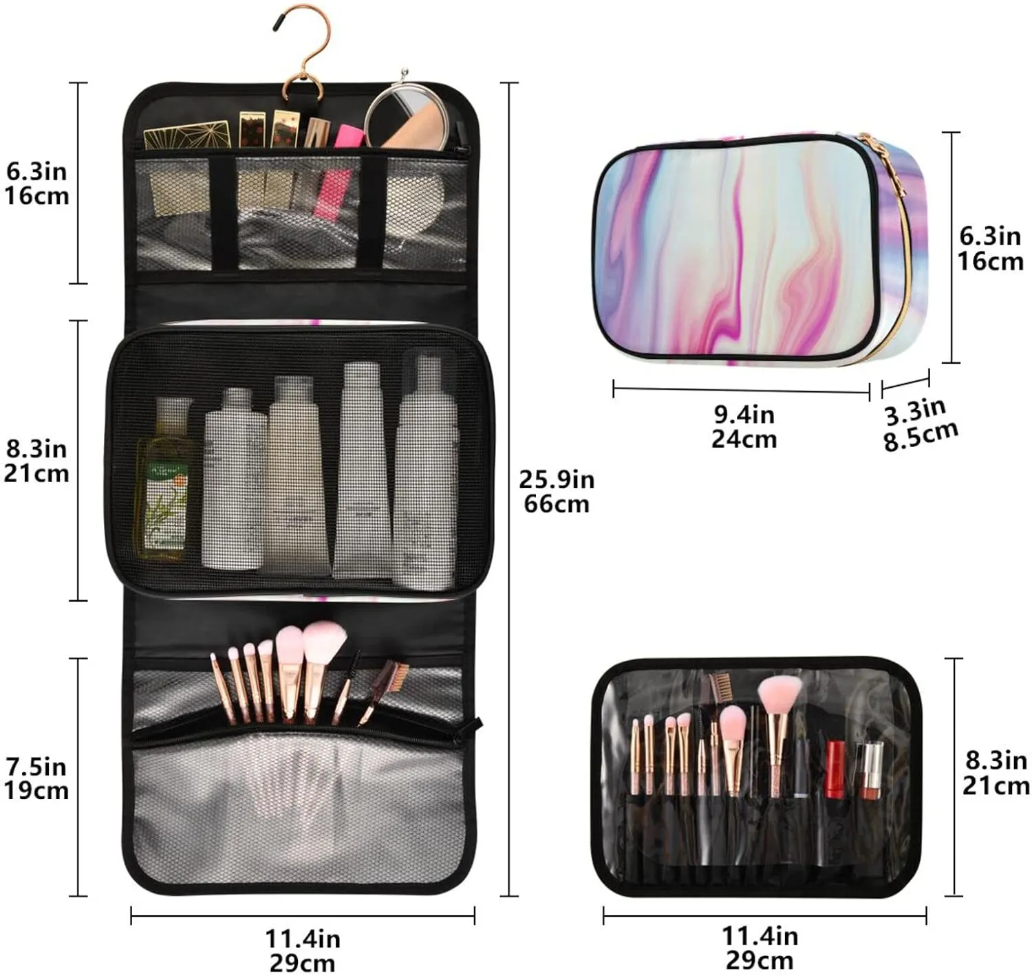 Abstract Liquid Marble Agate Slab Paint Pastel Pink Macro Wavy Lines 3 PCs Set Toiletry bags, 1 Women's Travel Cosmetic Bag, 1 Hanging Toiletry Wash Bag, 1 Brush Case, Portable Makeup Storage Case