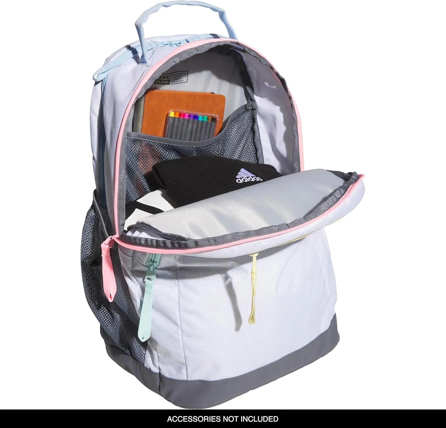 adidas Adaptive Backpack Large Features for Independent Dressing and Ease of use, Twill White/Semi Flash Aqua Blue/Pink Spark, One Size