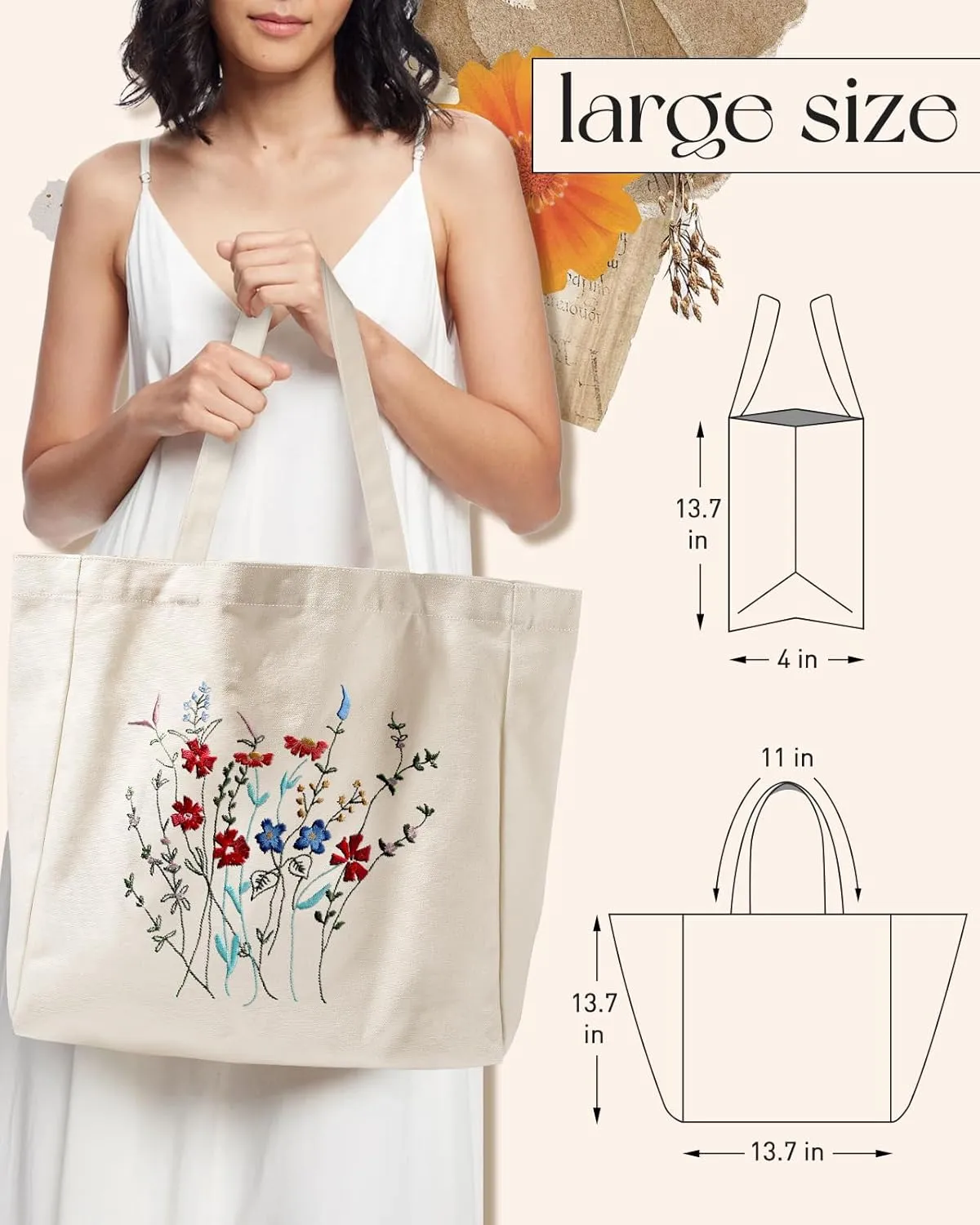 Aesthetic Embroidery Tote Bag for Women - with Magnetic Buckle and Zipper Inner Pocket for Lady Cotton Tote Bag