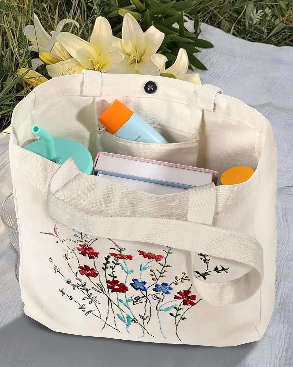 Aesthetic Embroidery Tote Bag for Women - with Magnetic Buckle and Zipper Inner Pocket for Lady Cotton Tote Bag