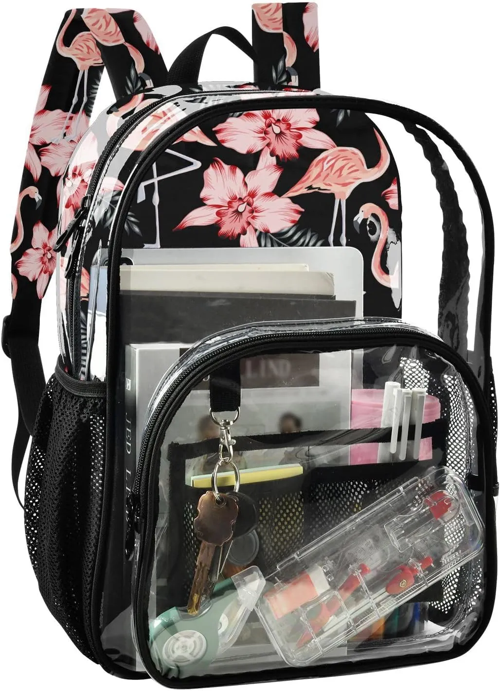 Aflyko Animal PVC Backpack Flourish Flamingo Flower Leaf Transparent Stadium Approved Daypack for Live House Concert Sport Game Festival Event Traveling Bag