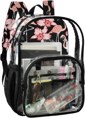 Aflyko Animal PVC Backpack Flourish Flamingo Flower Leaf Transparent Stadium Approved Daypack for Live House Concert Sport Game Festival Event Traveling Bag