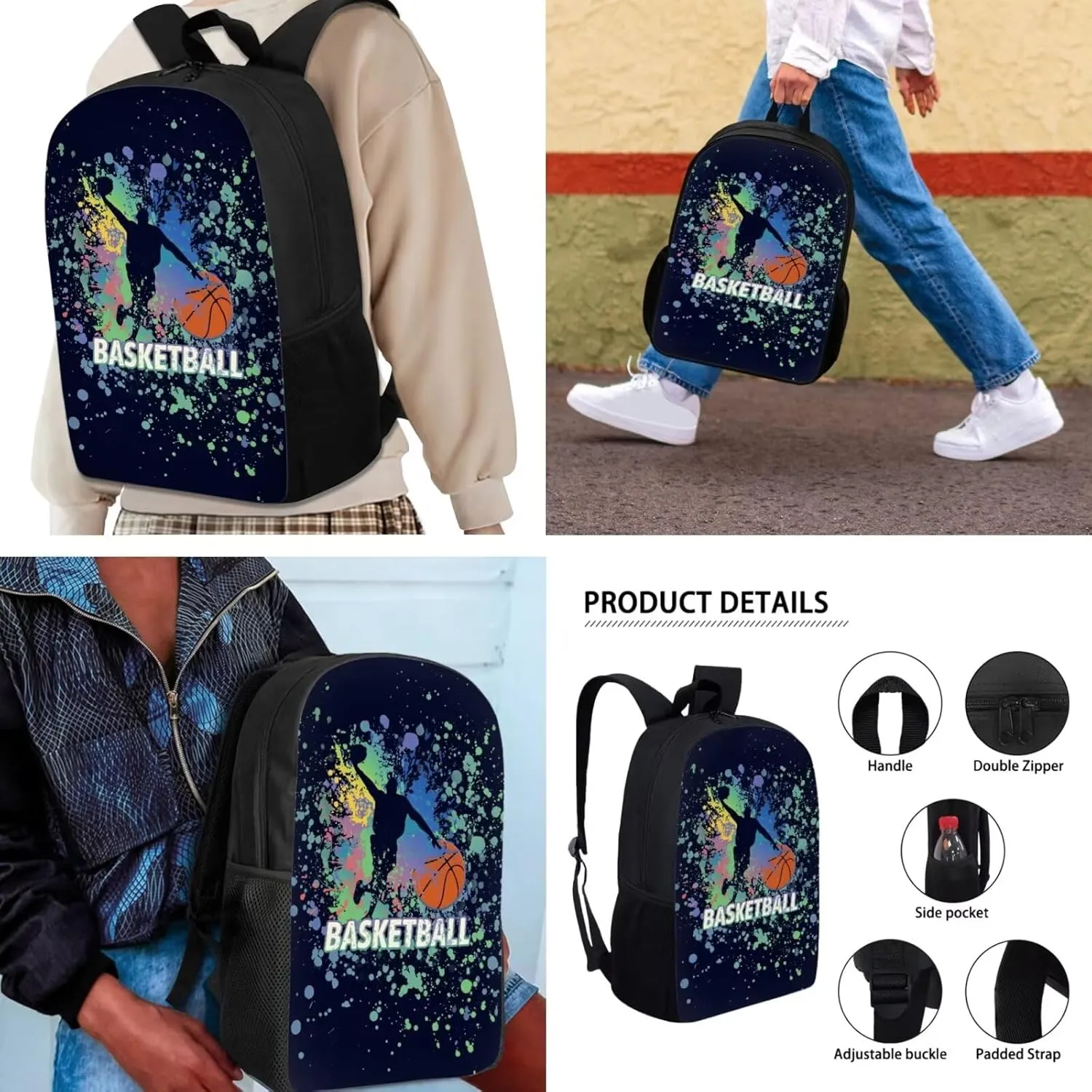 AFPANQZ Basketball Print Backpack Set for Teen Boys Schoolbags Zipper Bookbag Lightweight Casual Daypack Thermal Lunch Boxes Pencil Case Set for Elementary School Middle School