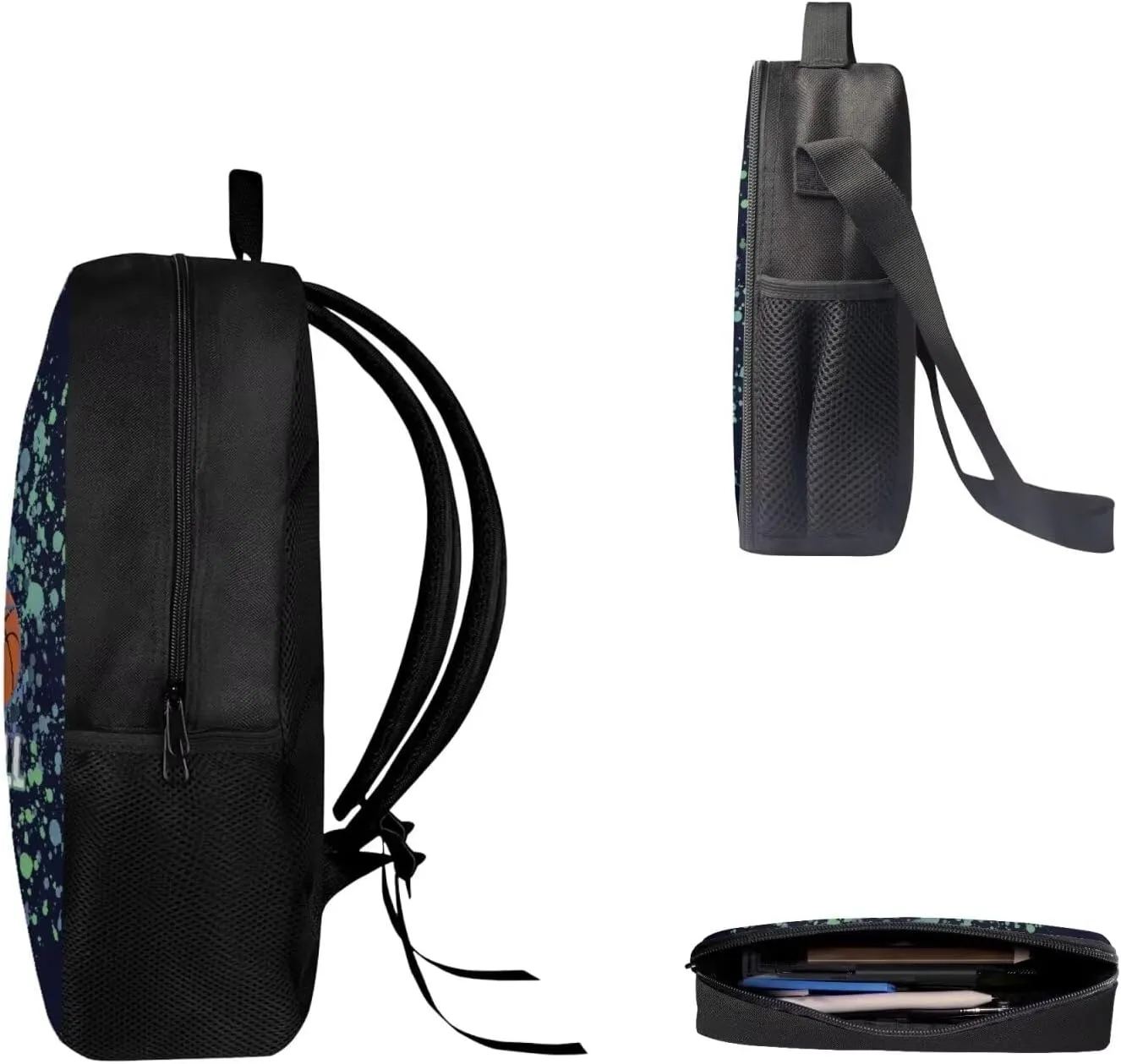AFPANQZ Basketball Print Backpack Set for Teen Boys Schoolbags Zipper Bookbag Lightweight Casual Daypack Thermal Lunch Boxes Pencil Case Set for Elementary School Middle School