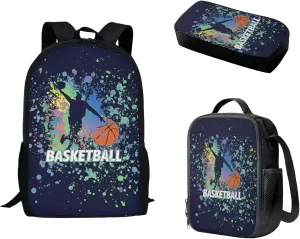 AFPANQZ Basketball Print Backpack Set for Teen Boys Schoolbags Zipper Bookbag Lightweight Casual Daypack Thermal Lunch Boxes Pencil Case Set for Elementary School Middle School
