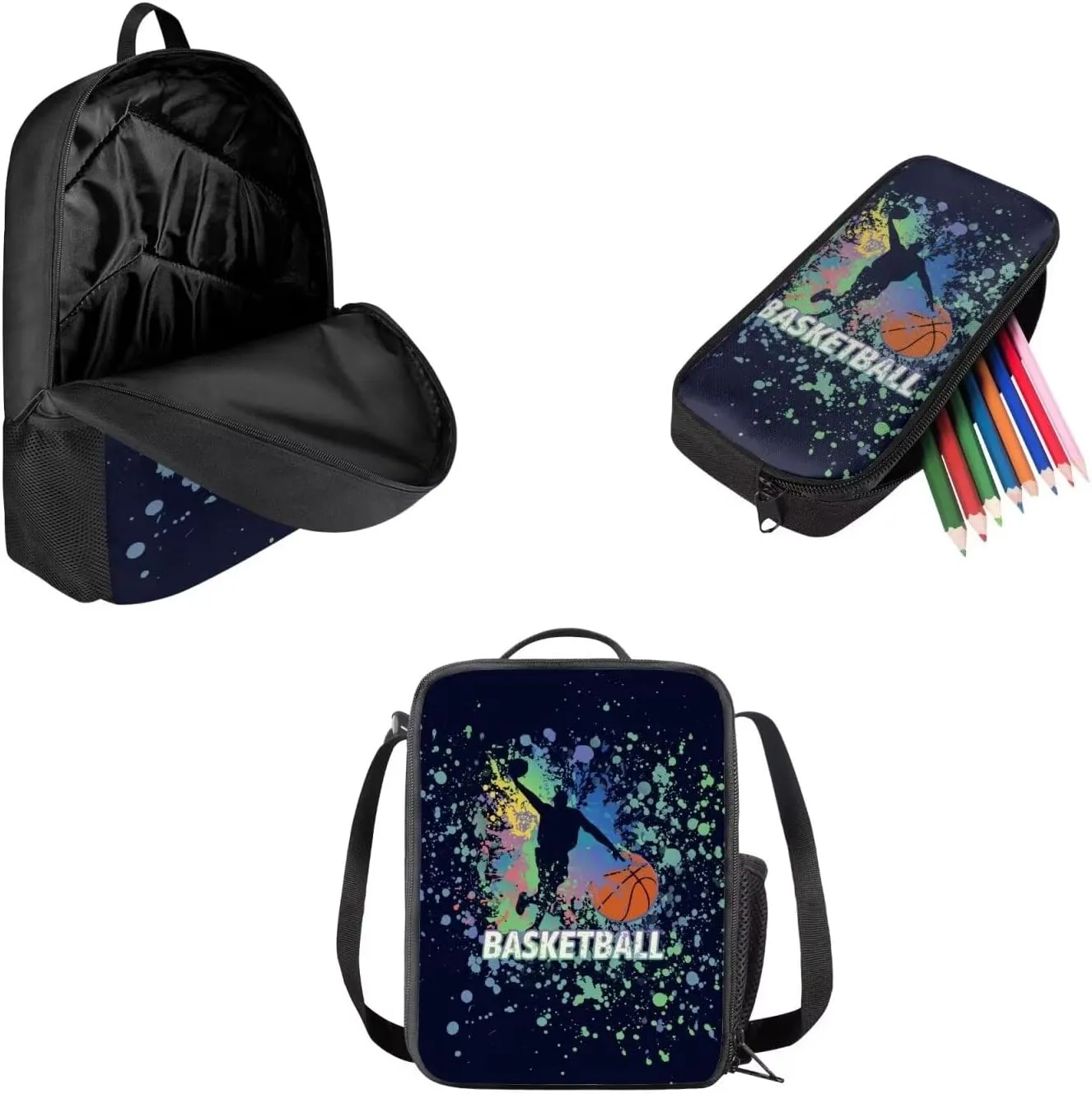 AFPANQZ Basketball Print Backpack Set for Teen Boys Schoolbags Zipper Bookbag Lightweight Casual Daypack Thermal Lunch Boxes Pencil Case Set for Elementary School Middle School