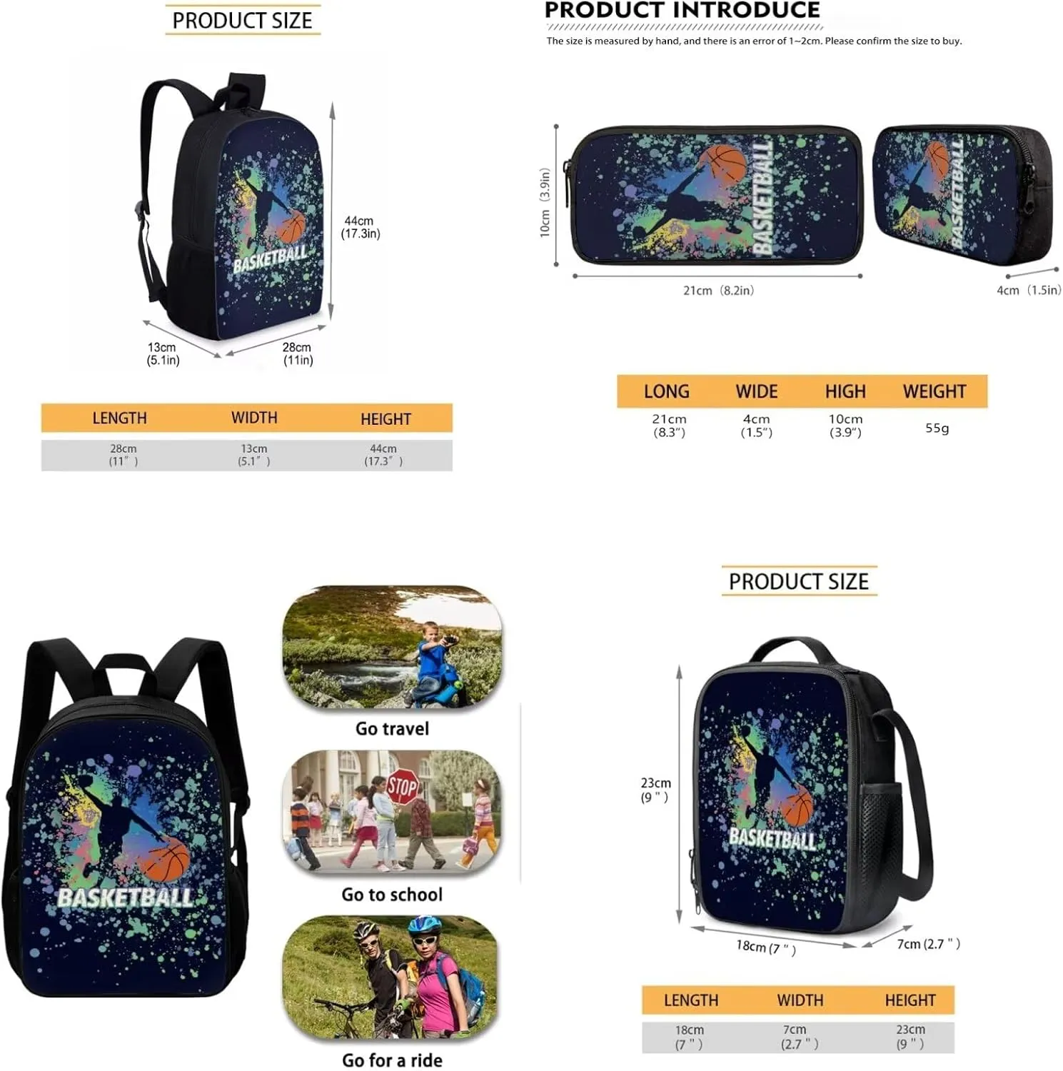 AFPANQZ Basketball Print Backpack Set for Teen Boys Schoolbags Zipper Bookbag Lightweight Casual Daypack Thermal Lunch Boxes Pencil Case Set for Elementary School Middle School
