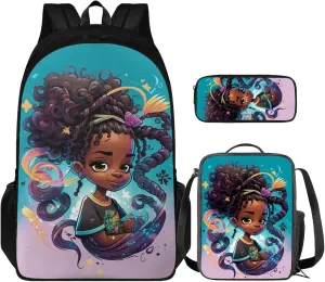 Afro Magic Grils 3 in 1 Backpack Set for 5-17 Years Kids African Girl Book Bag for Girls Children School Bag with Leakproof Lunch Bag and Pen Pouch for Preschool Toddler