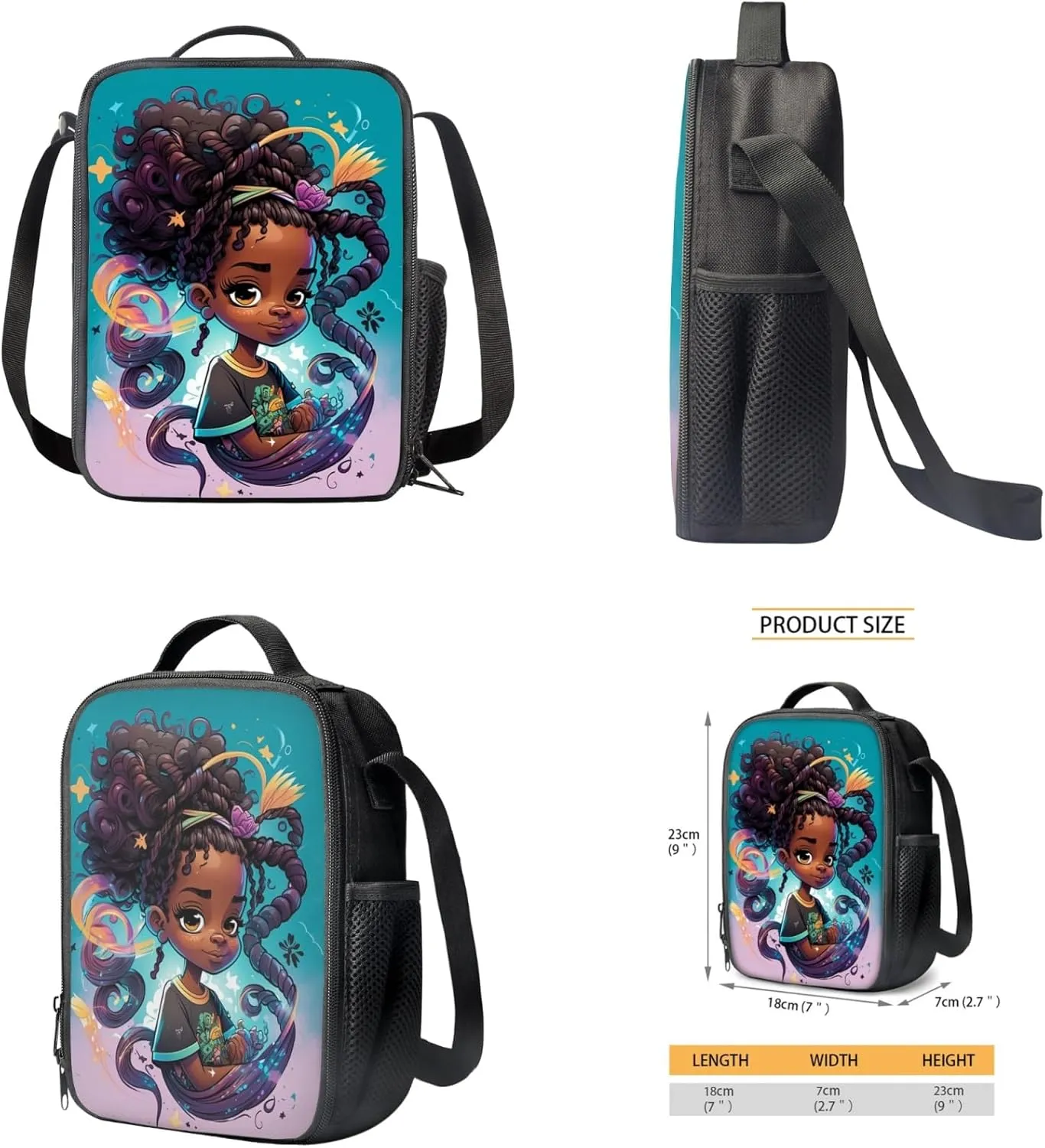 Afro Magic Grils 3 in 1 Backpack Set for 5-17 Years Kids African Girl Book Bag for Girls Children School Bag with Leakproof Lunch Bag and Pen Pouch for Preschool Toddler