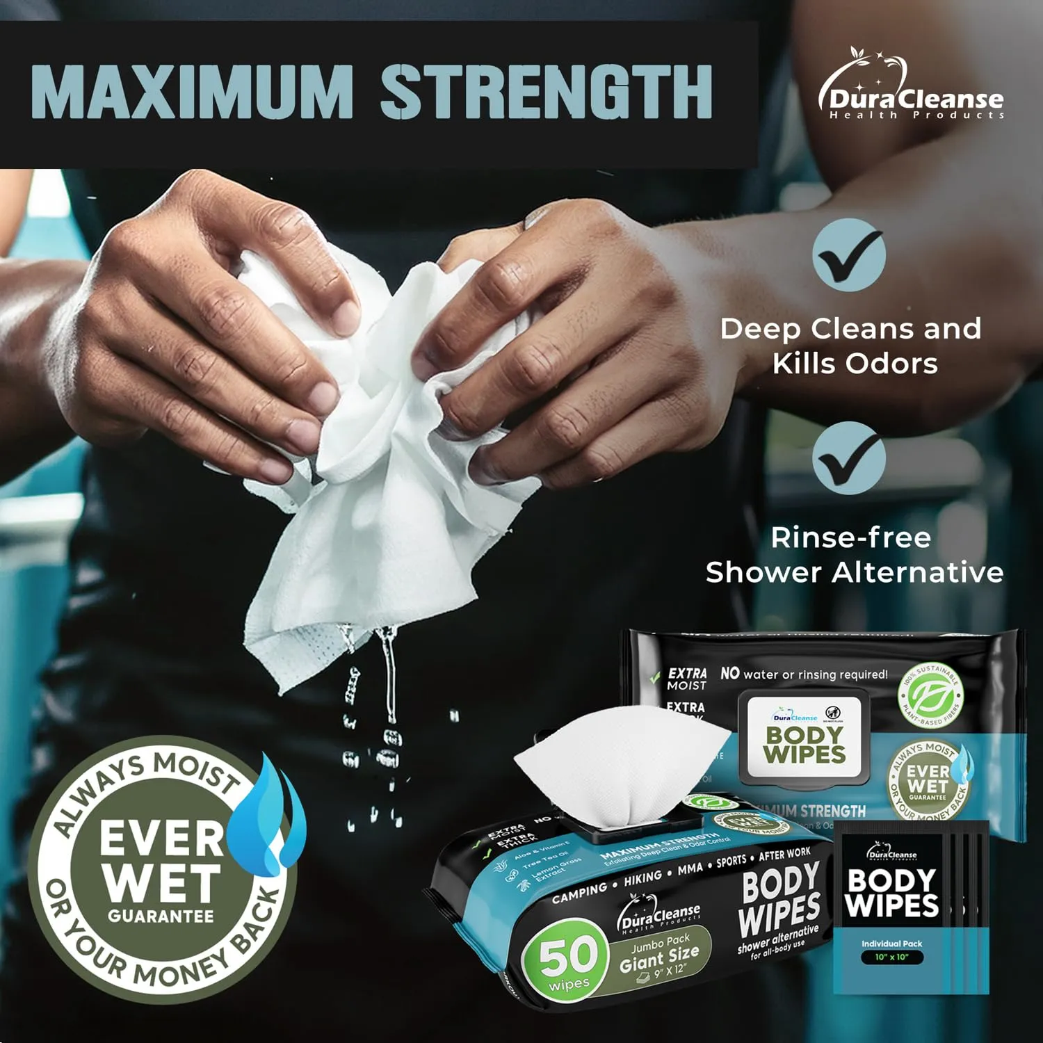 After Gym Body Wipes for Men (4pk) - 200 XL No Rinse Shower Wipes   16 Travel Bath Sheets - 9"x12" - Mens Deodorant Disposable Washcloths for Bathing, Camping Essentials, Survival Gear and Supplies