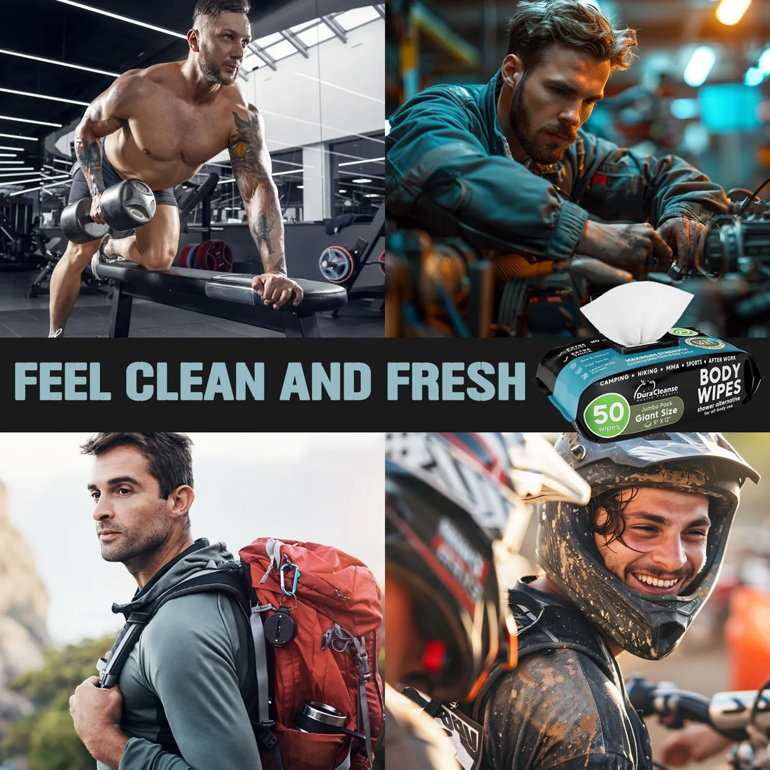 After Gym Body Wipes for Men (4pk) - 200 XL No Rinse Shower Wipes   16 Travel Bath Sheets - 9"x12" - Mens Deodorant Disposable Washcloths for Bathing, Camping Essentials, Survival Gear and Supplies
