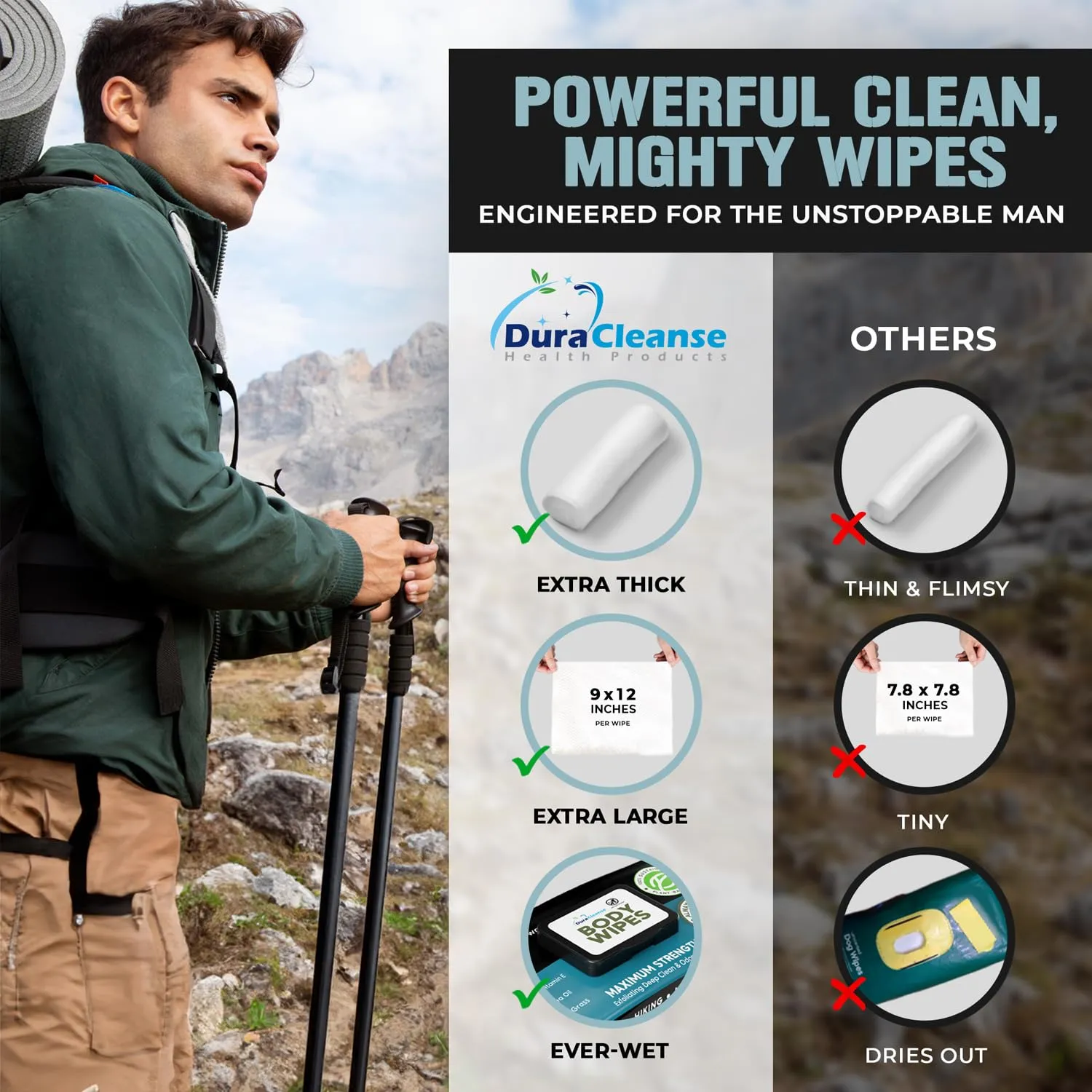 After Gym Body Wipes for Men (4pk) - 200 XL No Rinse Shower Wipes   16 Travel Bath Sheets - 9"x12" - Mens Deodorant Disposable Washcloths for Bathing, Camping Essentials, Survival Gear and Supplies