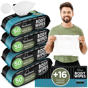 After Gym Body Wipes for Men (4pk) - 200 XL No Rinse Shower Wipes   16 Travel Bath Sheets - 9"x12" - Mens Deodorant Disposable Washcloths for Bathing, Camping Essentials, Survival Gear and Supplies