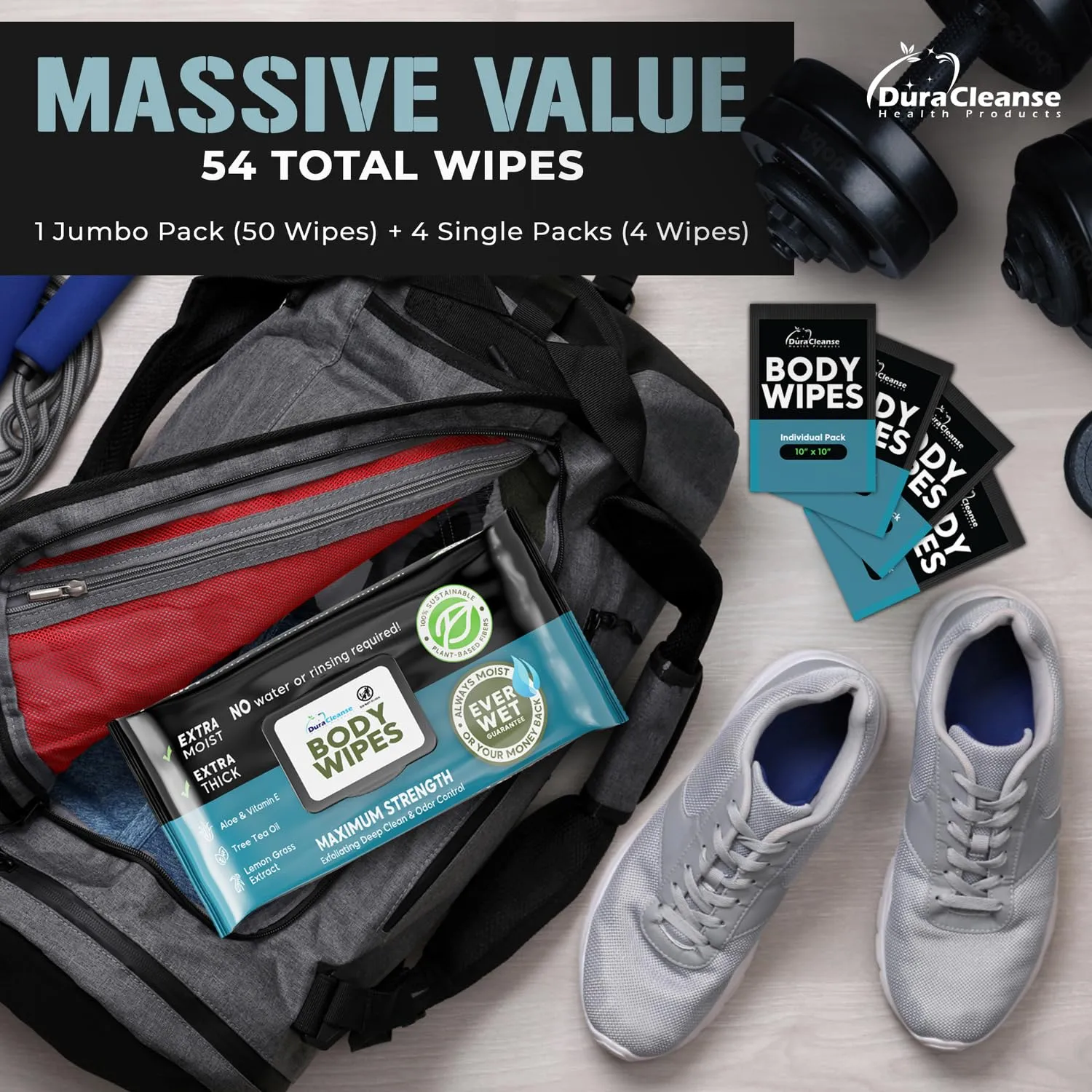 After Gym Body Wipes for Men (4pk) - 200 XL No Rinse Shower Wipes   16 Travel Bath Sheets - 9"x12" - Mens Deodorant Disposable Washcloths for Bathing, Camping Essentials, Survival Gear and Supplies