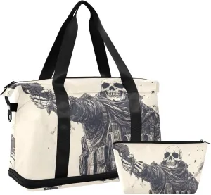 AIXIWAWA Sketch Skull Soldier Duffel Bags Set with Shoes Compartment Trolley Sleeve Removeable Strap for Workout Travel Gym