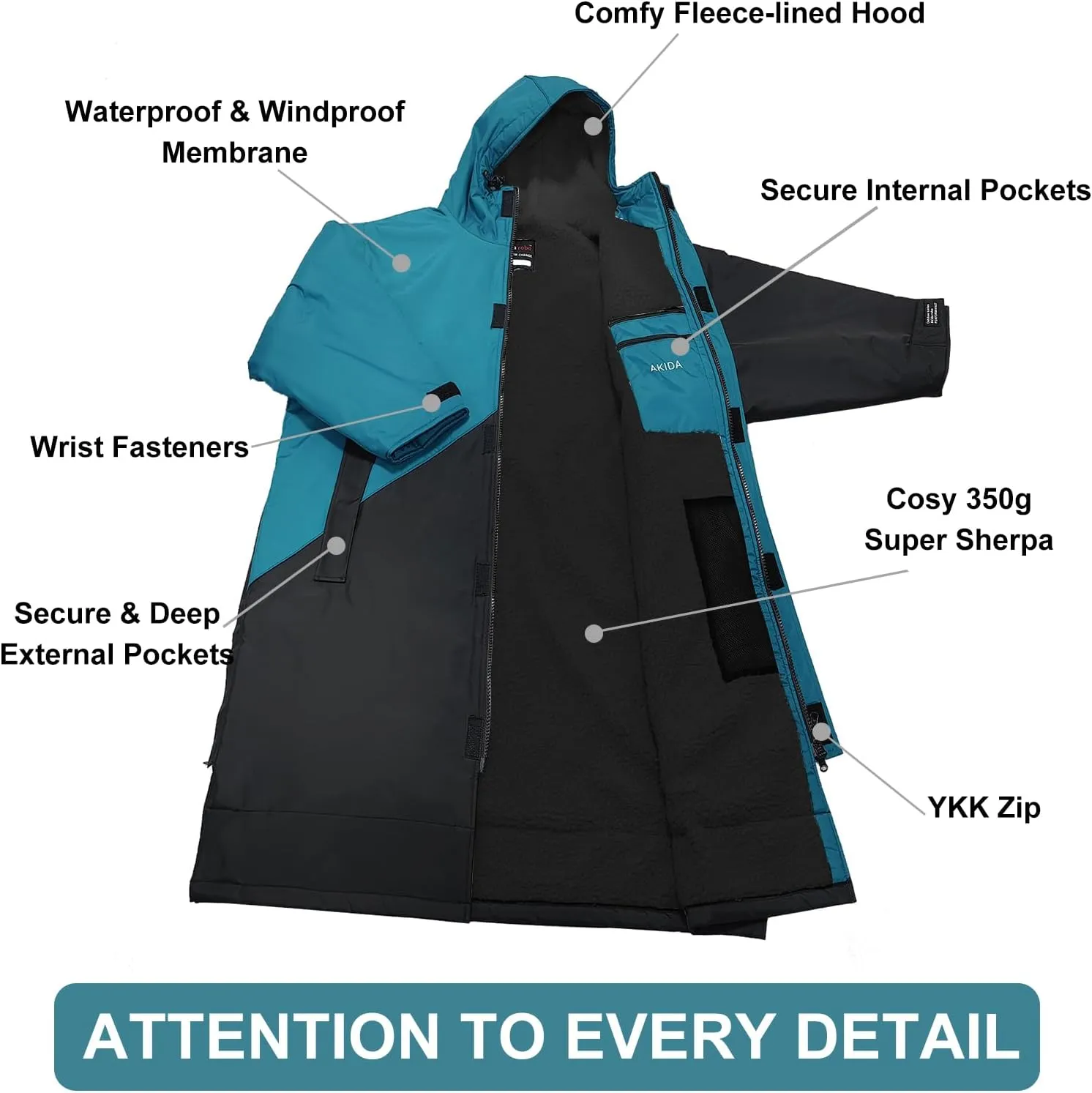 Akida Adult Oversized Changing Robe/Swim Parka,Waterproof Surf Poncho Warm Jacket,Quick Dry Wetsuit Changing Towel.