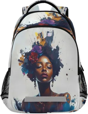 ALAZA Black Girl with Flowers on Her Head and Closed Eyes Oil Painting Backpacks Travel Laptop Daypack School Book Bag for Men Women Teens Kids