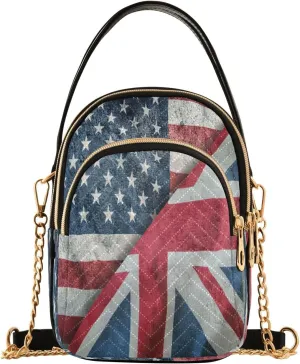 ALAZA Chain Crossbody Bags for Women Vintage American British Flag Striped Quilted Shoulder Crossbody Handbags Travel Cross Body Cell Phone Purses Bags
