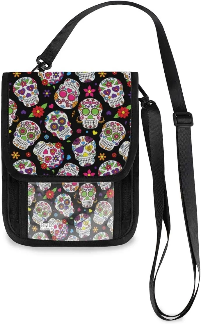 ALAZA Day Of The Dead Sugar Skull Halloween Small Crossbody Wallet Purse Cell Phone Bag Rfid Passport Holder with Credit Card Slots