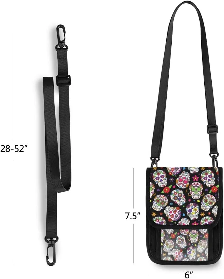 ALAZA Day Of The Dead Sugar Skull Halloween Small Crossbody Wallet Purse Cell Phone Bag Rfid Passport Holder with Credit Card Slots