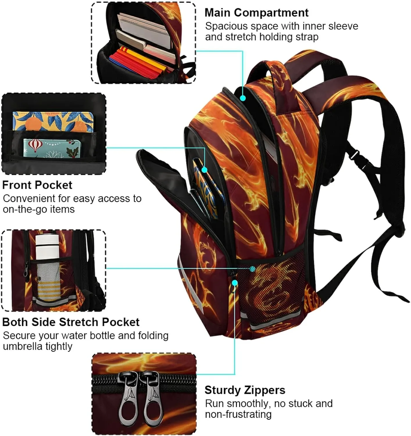 ALAZA Fire Dragon Backpacks Travel Laptop Daypack School Book Bag for Men Women Teens Kids one-size