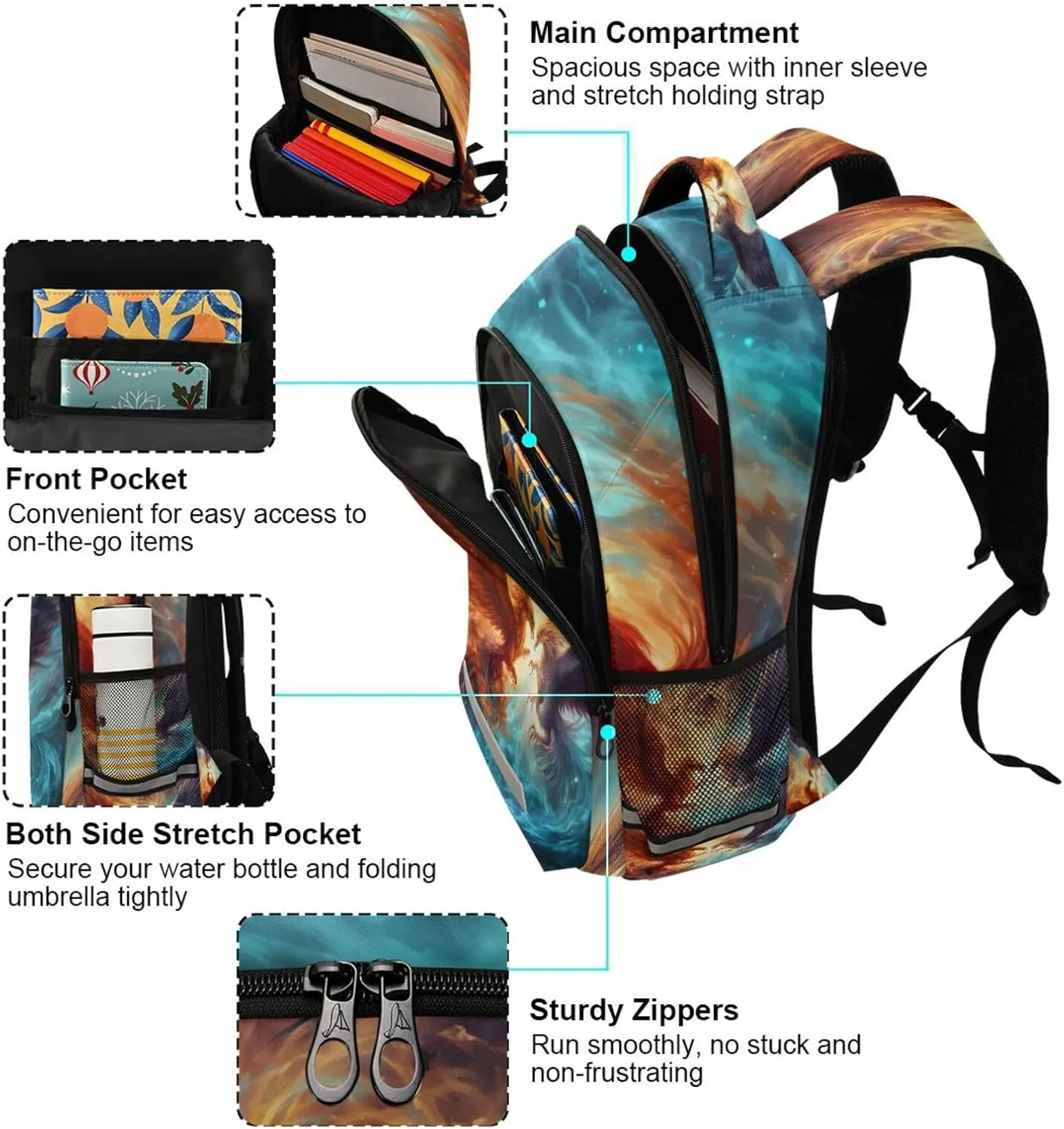 ALAZA Fire Water Phoenix Battle Backpacks Travel Laptop Daypack School Book Bag for Men Women Teens Kids