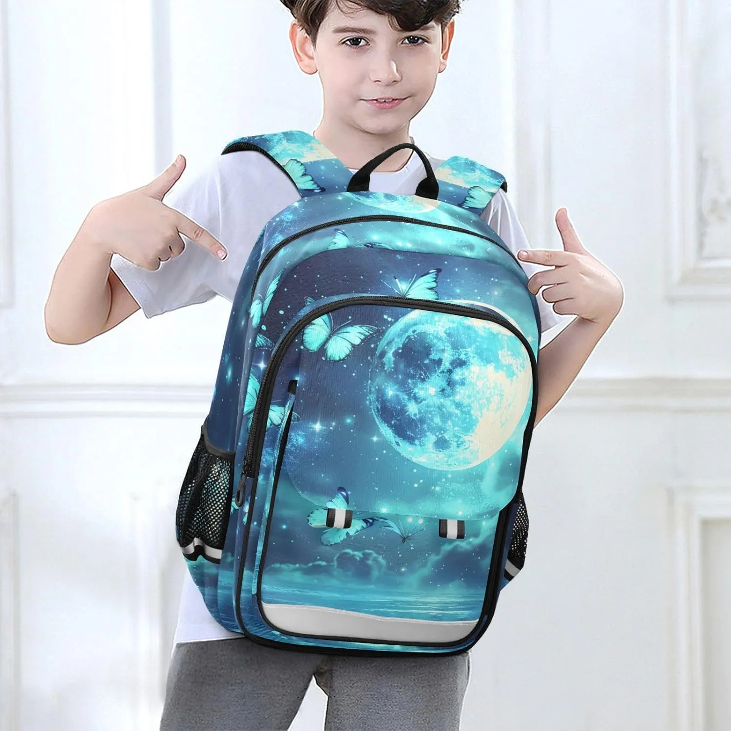 ALAZA Full Moon over Ocean Teal Butterfly02 School Backpacks Travel Laptop Bag Kids Bookbag for Girls Boys Teens Women Men